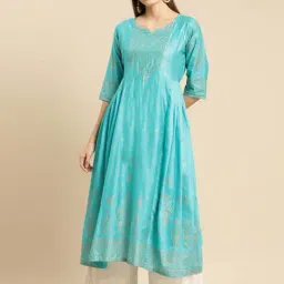 Rangita Teal Blue Floral Print Fit and Flare Kurta-image-55