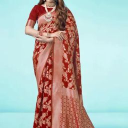 Satrani Red Woven Saree With Unstitched Blouse-picture-0