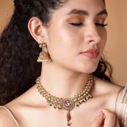 Panash Gold Plated Peacock Shaped Stone Studded & Beaded Jewellery Set image 3