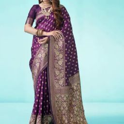 Satrani Purple Woven Saree With Unstitched Blouse-picture-42