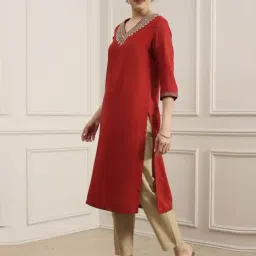 Biba Red Straight Fit Embroidered Kurta image 3