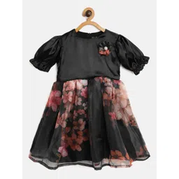Bella Moda Black & Pink Floral Print Puff Sleeves Dress-picture-53