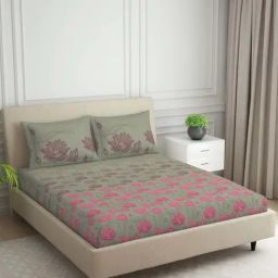 Spaces Phuleri Grey 144 TC Cotton Queen Flat Bedsheet with 2 Pillow Covers-picture-32