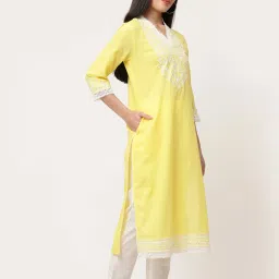 savi india Savi Yellow Cotton Straight Embroidered Kurta kurtis image 3
