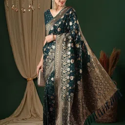 Saree Mall Blue Woven Sarees With Unstitched Blouse image 3