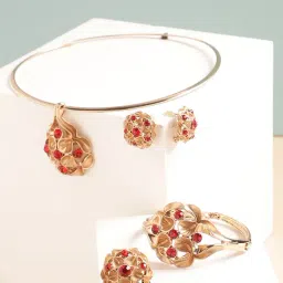 SOHI Gold Plated Designer Stone Necklace, Earring, Ring and Bracelet Set For Women-image-2