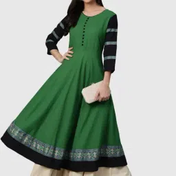 YASH GALLERY Green Cotton Printed Flared Kurta image 4