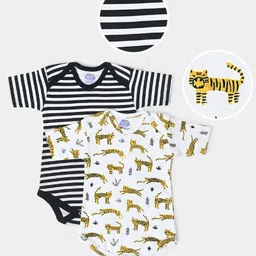 Mi Arcus  Cotton Hal Sleeves Striped & Animal Print Onesies Pack of 2 Black & White-picture-11