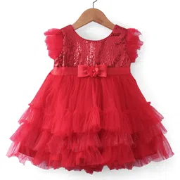 Babyhug Woven Frill Sleeves Fit & Flared Layered Mesh Party Frock with Sequined Yoke Detailing & Bow Applique - Red-image-34