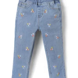 Babyhug Full Length Washed Denim Jeans with Stretch & Floral Embroidery - Light Blue-picture-12