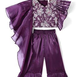 Babyhug Woven Flutter Sleeves Slik Sequined Embroidered Top & Palazzo Set with Dupatta- Wine-picture-1