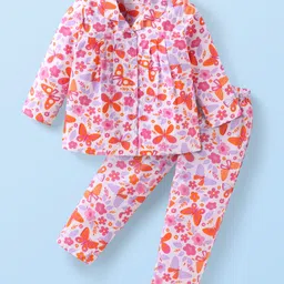 Babyhug Cotton Knit Full Sleeves Front Open Night Suit with Floral & Butterfly Print - White-picture-14