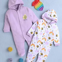BUMZEE Cotton Knit Full Sleeves Bee & Rainbow Printed Footed Sleep Suits Pack of 2 - Lavender & White-picture-29