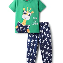 Babyhug Cotton Knit Half Sleeves Night Suit With Text & Animal Print - Green & Navy Blue-picture-35