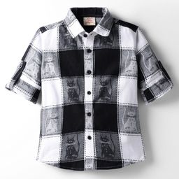 Rikidoos Cotton Woven Full Sleeves Checked & Cats Printed Shirt - Black & White-picture-20
