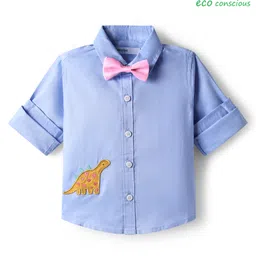 Babyoye 100% Cotton Woven Full Sleeves Party Shirt with Bow & Dino Embroidery - Light Blue-picture-28