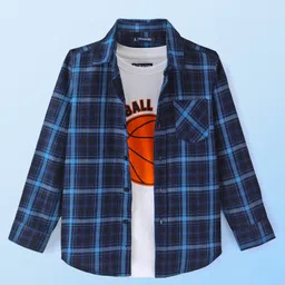 Pine Kids Cotton Woven Full Sleeves Checkered Shirt with Inner Tee - Navy Blue-picture-26