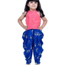 Twisha Chanderi Woven Sleeveless Solid Top & Swans Foil Printed Dhoti Set - Coral & Blue-picture-11