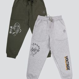 Kiddopanti Pack Of 2 Cotton Fleece Knit Phantom And Voltage Text Printed Track Pant - Grey Melange & Military Green-picture-16