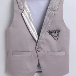 Fourfolds Full Sleeves Typography Printed Shirt With Solid Waistcoat Trousers & Bow Set - Grey image 3