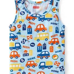 Babyhug 100% Cotton Knit Sleeveless Sando Vests With Stripes & Vehicle Print Pack of 2 - Blue image 4