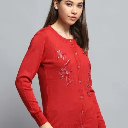 Monte Carlo Women's Red Self Design Round Neck Full Sleeve Cardigan image 3