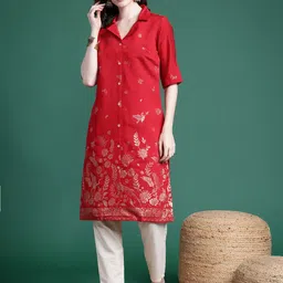 Sangria Ethnic Printed Cuban Collar Straight Kurta image 3