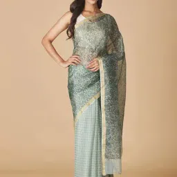 Fabindia Green Silk Printed Saree Without Blouse-image-86