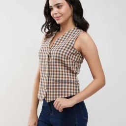 Fablestreet Brown Cotton Checks Waist Coat image 3