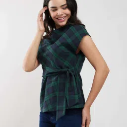 Fablestreet Green Cotton Checks Wrap Top image 3
