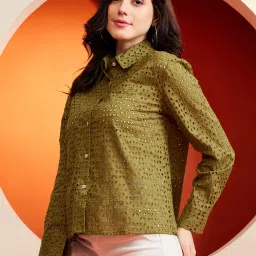 KASSUALLY Olive Cotton Self Design Shirt image 3