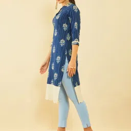 Soch Indigo Cotton Floral Printed Straight Kurta image 3