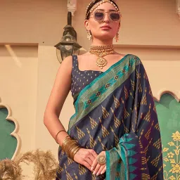 Elora Navy Blue Sigma Silk Printed Saree with Unstitched Blouse image 3