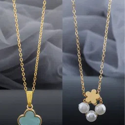 Birado Jewellery Set Of 2 Steel Gold-Plated Artificial Beaded Floral Pendants With Chains-picture-11