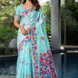 Satrani Sky Blue Cotton Woven Saree With Unstitched Blouse-picture-26