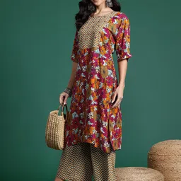 Sangria Floral Printed Mirror Work Kurta with Palazzos-picture-33