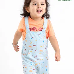 Babyoye 100% Cotton Dungarees & Half Sleeves Tee Set Text Embroidered - Orange & White-picture-16