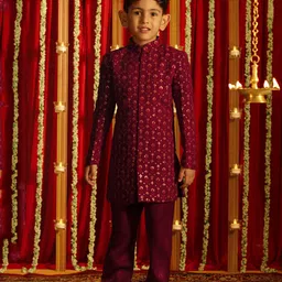 Vastramay Full Sleeves Seamless Leaf Motif Detailed Embroidered & Sequin Embellished Sherwani With Pyjama - Maroon-image-49
