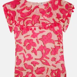 Kiddopanti Half Sleeves Abstract Printed & Pom Pom Lace Detailed Top - Pink-image-63