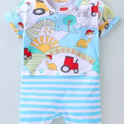 Babyhug 100% Cotton Knit Half Sleeves Striped & Dino Printed Romper - Blue & White-image-77