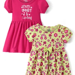 doodle poodle Doodle PoodleCotton Single Jersey Half Sleeves Frocks with Text & Floral Print Pack of 2 - Pink & Green-picture-28