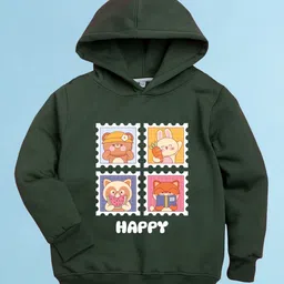 NUSYL Fleece Full Sleeves Animals & Happy Text Printed Hoodie - Olive Green-image-76