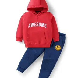 Babyhug Terry Knit Full Sleeves Hooded Sweatshirt & Lounge Pant with Text Print - Red & Blue-picture-12