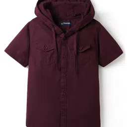 Pine Kids Cotton Woven Half Sleeves Solid Colour Hooded Shirt - Wine image 1