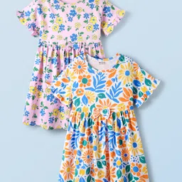 Honeyhap Premium Cotton Half Sleeves Frocks With Bio Finish & Floral Print Pack Of 2 - Pink Tulle & Bright White-picture-25