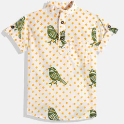 Vastrarth Cotton Half Sleeves Birds Block Printed Kurta Style Shirt - White-picture-22