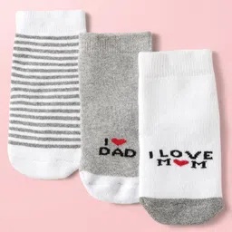 Cute Walk By Babyhug Knit Ankle Length Antibacterial Socks with Stripes & I Love Mom & Dad Text Print Pack of 3 - Grey & White-image-59