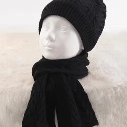 Pine Kids Knitted Solid Woollen Cap & Muffler Black - Diameter 18 cm-image-3