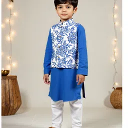 Nautinati Cotton Knit Full Sleeves Solid Kurta Pyjama With Floral Printed Jacket Set - Blue & White-picture-39