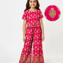 EARTHY TOUCH Single Jersey Knit Half Sleeves Indo Western Set with Motif Glitter Print - Dark Pink-picture-20